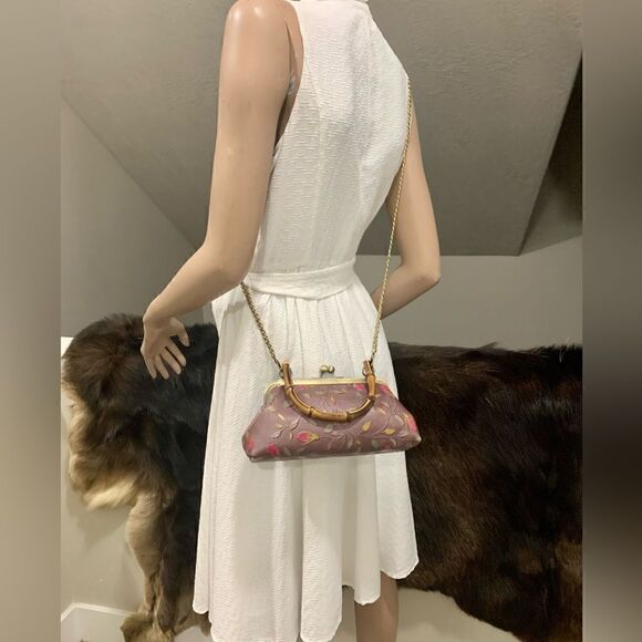 Handmade Genuine Leather Floral Embossed Real bamboo Handle Satchel/Crossbody - Picture 7 of 15